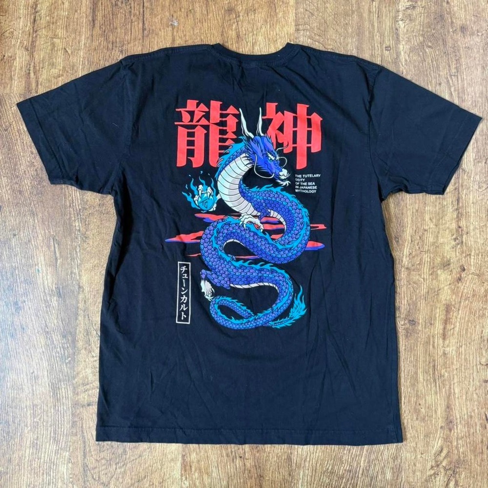 Tuner Cult Black Dragon Graphic T-Shirt JDM Streetwear Large Kanji Blue Dragon
